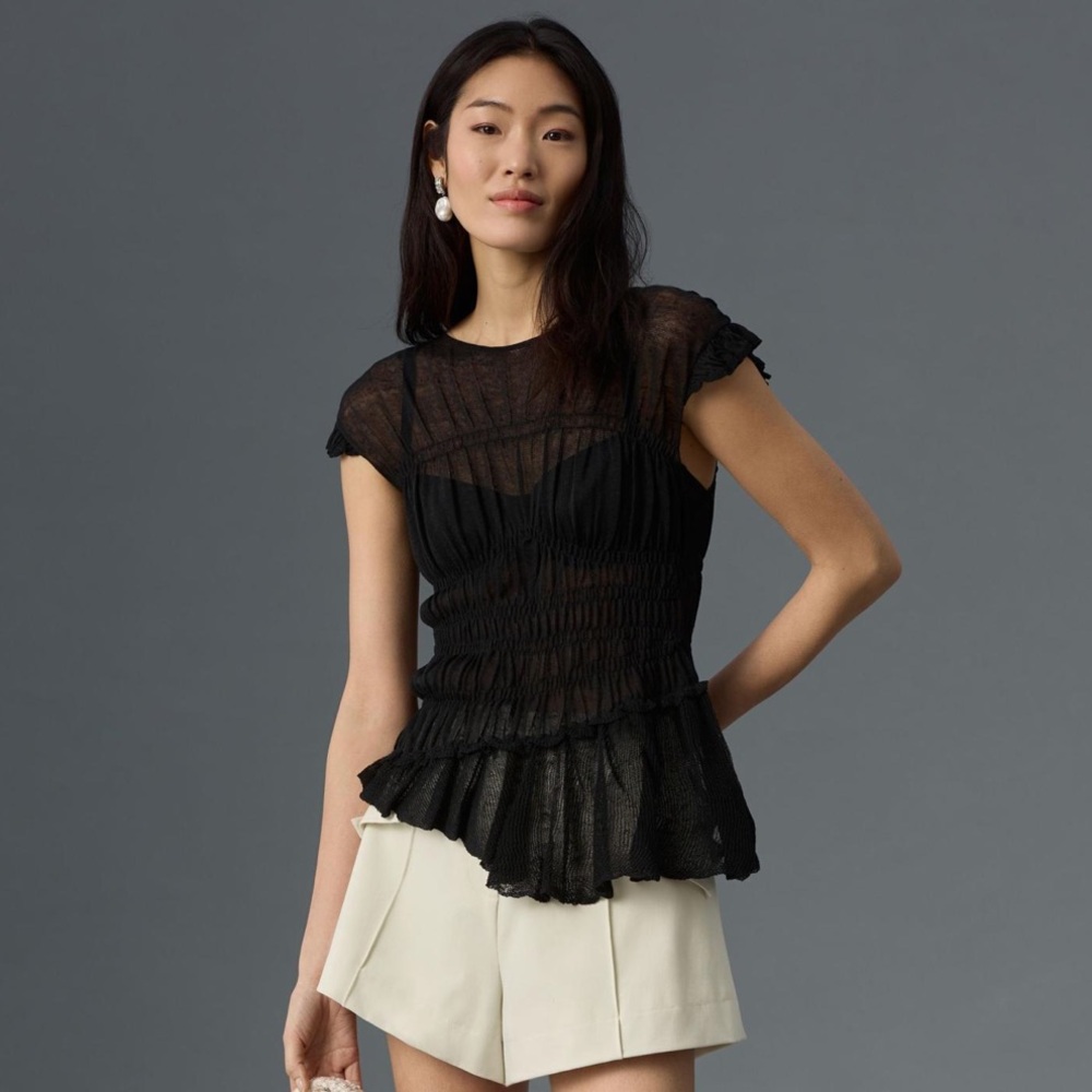 ✨By Anthropologie Sheer Smocked Ruffled Asymmetrical Sweater Black…